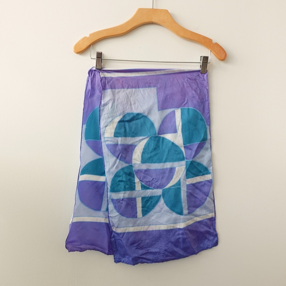 Retro 60s Silk Scarf  Purple Colorblock Shawl Neckerchief Summery Light 12x42